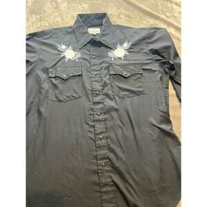 SILVER SPUR Western Wear Vtg Black Embroidered Rose Snap Button‎ Shirt XL